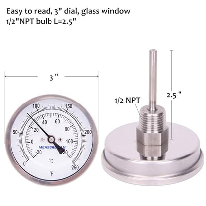 MEASUREMAN Fully Stainless Steel Pot, Kettle, Brewing Bimetal Thermometer, 3" Dial, 2-1/2" Stem, 0-250 deg F/-20-120 deg C, -1% Accuracy, Adjustable, 1/2" NPT Back Mount （2 Pack） - size: 0-250 deg F/-20-120 deg C, style: 2-1/2" Stem 2pc