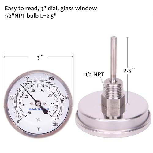 MEASUREMAN Fully Stainless Steel Pot, Kettle, Brewing Bimetal Thermometer, 3" Dial, 2-1/2" Stem, 0-250 deg F/-20-120 deg C, -1% Accuracy, Adjustable, 1/2" NPT Back Mount （2 Pack） - size: 0-250 deg F/-20-120 deg C, style: 2-1/2" Stem 2pc