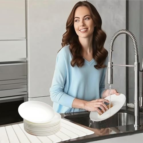 Large Stone Drying Mat for Kitchen Counter, 24"x16" Fast-Drying Super-Absorbent Diatomaceous Dish Drying Mat, Collapsible Dish Drying Stone for Dishes, Bottles, Cups, Any Countertop - color: White