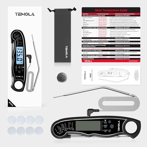 TEMOLA Meat Thermometer, Instant Read Food Thermometer for Cooking, Digital Food Thermometer with LCD Backlight for Candy Fry Grill BBQ Liquids, Kitchen Oven Safe Dual Probe 2 in 1 Thermometer - color: BK-Blue Light