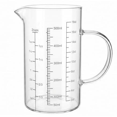 Graduated Glass Measuring Cup With Handle 500ML (16Oz, 2Cups) | High Borosilicate Liquid Measuring Cup for Baking Cooking Kitchen V-Shaped Spout Glass Measuring Beaker Easy To Read - size: 500ML (16Oz, 2Cups)