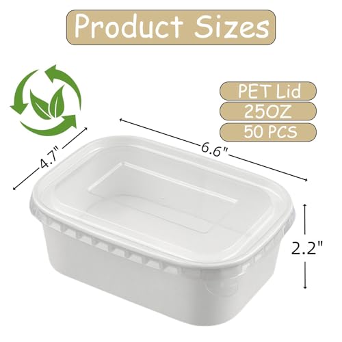 50 Pack Disposable Salad Bowls with Lids, 25 OZ White Kraft Paper Food Containers, Oil-Proof Rectangular Soup Bowls for Meal Prep Snack Takeout, Microwave Freezer Safe