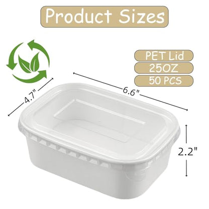50 Pack Disposable Salad Bowls with Lids, 25 OZ White Kraft Paper Food Containers, Oil-Proof Rectangular Soup Bowls for Meal Prep Snack Takeout, Microwave Freezer Safe