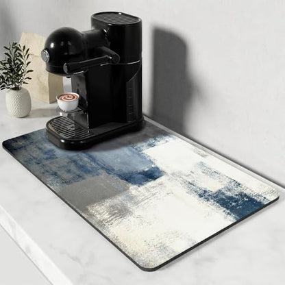 Dish Drying Mat for Kitchen Counter, Blue and White Grey Abstract Art, Absorbent Quick Dry Pad with Rubber Backing, Draining Mat Dish Rack Pad for Dishes, Utensils, Countertops, Sinks 12" x 20 - color: Blue and White Grey