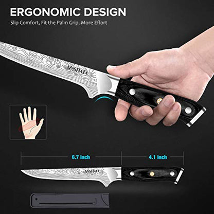 MOSFiATA 6" Boning Knife, Sharp Kitchen Cooking Knife with Finger Guard and Knife Sharpener, German High Carbon Stainless Steel EN1.4116 Chef’s Knife with Micarta Handle and Gift Box - style: 6 Inches