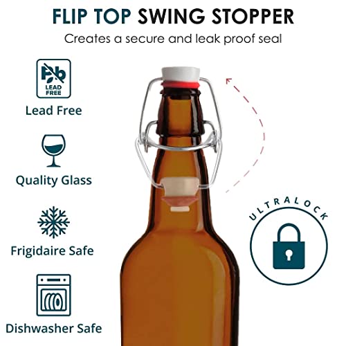 Chef's Star 16 Oz Empty Beer Bottles, Swing Top Glass Bottles, Flip Top Glass Bottle with Caps, Fermentation Home Brewing Kombucha Beer and Coquito, Amber, Set of 4