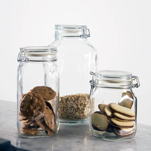 Bormioli Rocco Fido Squared Wide Mouth Glass Jar with Airtight Gasket Clamp Lid for Canning and Food Storage, Clear Top, 50.75 oz.