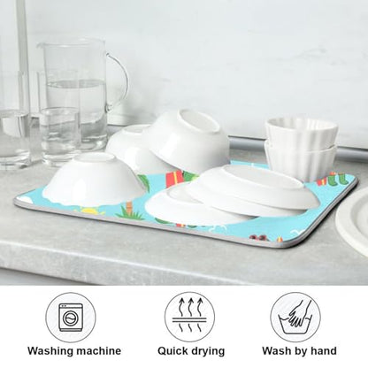 Crocodile Palm Trees Dish Drying Mat for Kitchen Counter Super Absorbent Draining Mat with Non-slip Backed Dishwashing Mat for Dish Cups Bowl Bottles Countertops Sinks Draining Racks