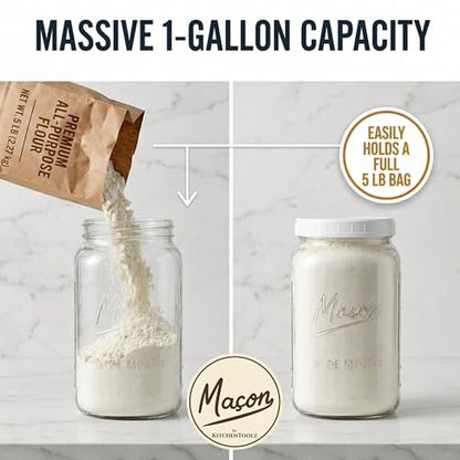 1 Gallon Glass Jars with Lids - Extra Large Mason Jars Wide Mouth with Airtight Plastic Screw On Lids - Square Glass Storage Containers with Measurements for Flour, Sugar, Cookies & Pickling, 3 Pack