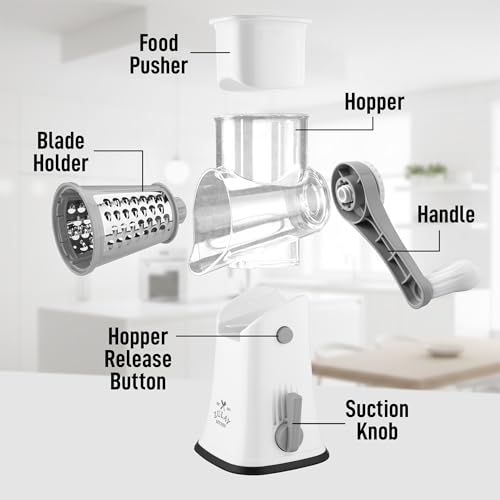 Zulay Kitchen Rotary Cheese Grater 5 Blade Cheese Shredder - Manual Hand Crank Cheese Grater With Reinforced Suction & 5 Interchangeable Drums - Easy to Use, Vegetable Chopper Round Mandoline Slicer - color: Gray and White