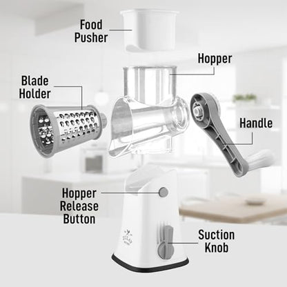 Zulay Kitchen Rotary Cheese Grater 5 Blade Cheese Shredder - Manual Hand Crank Cheese Grater With Reinforced Suction & 5 Interchangeable Drums - Easy to Use, Vegetable Chopper Round Mandoline Slicer - color: Gray and White
