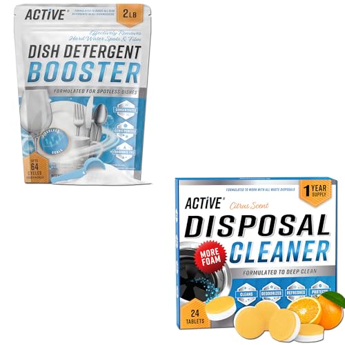 ACTIVE Dishwasher Detergent Booster and Disposal Cleaner - Includes 32oz Dish Soap Boosting Powder and 24ct Disposal Cleaning Tablets