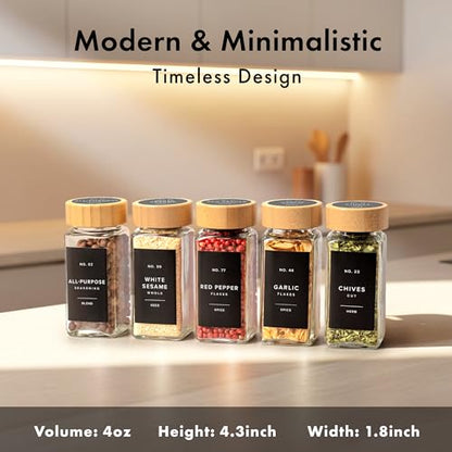 EDELHAUS® Square Spice Jars with Bamboo Wooden Lid (Pack of 24) Spice Jars with Shaker Insert and 240 Labels - Bamboo Lid Glass Container for Spice Organisation [4.3 in × 1.8 in] - color: Black Spice Labels