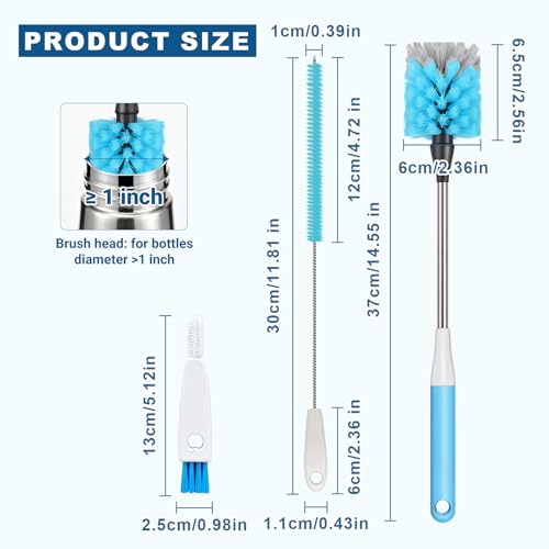 Bottle Brush 15-inch Long Bottle Brush, Kitchen Brush Set with Straw Cleaner and Cup Lid Cleaning Brush. Bottle Brushes Suitable for Water Bottles, Cups, Glasses, Baby Bottles (4, Blue)
