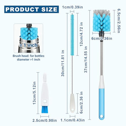 Bottle Brush 15-inch Long Bottle Brush, Kitchen Brush Set with Straw Cleaner and Cup Lid Cleaning Brush. Bottle Brushes Suitable for Water Bottles, Cups, Glasses, Baby Bottles (4, Blue)