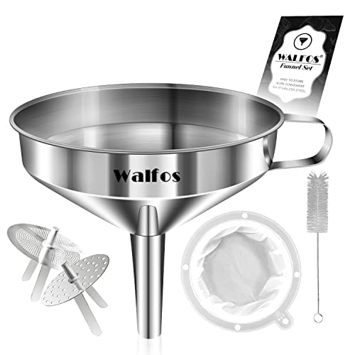 Stainless Steel Funnel, Walfos Kitchen Funnel with 2 Removable Strainer ＆ 1Pc Cleaning Brush, Perfect for Transferring of Liquid, Oils, Jam, Dry Ingredients & Powder (Big, 4.9") - color: 1pcs funnel 4.9 inch