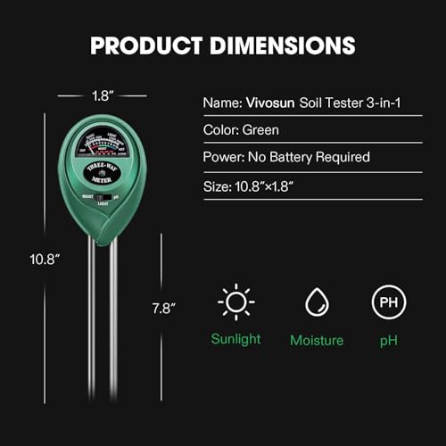 VIVOSUN Soil Tester, 3-in-1 Plant Moisture Meter Light and PH Tester for Home, Garden, Lawn, Farm, Indoor and Outdoor Use, Promote Plants Healthy Growth