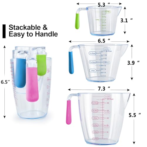 Liquid Measuring Cups with Spout 3 Pcs Stackable Plastic Liquid Measuring Cups with ML OZ Scale, BPA Free Clear Measuring Cup with Non-Drip Spout & Silicone Handle for Kitchen Cooking Baking