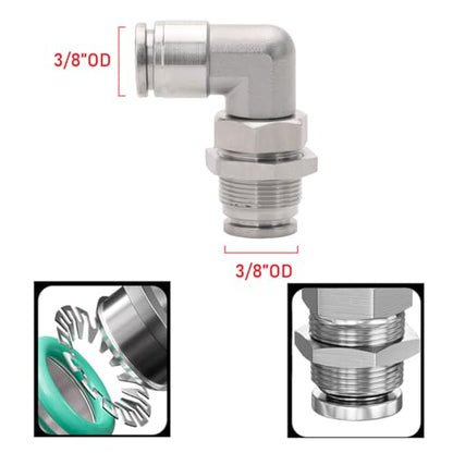 2Pcs 304 Stainless Steel Bulkhead Elbow 3/8" x 3/8" Tube OD Push to Connect Tube Fitting, PLM-3/8 Bulkhead 90 Degree Elbow Pneumatic Quick Connect Air Fitting - size: 3/8" x 3/8"