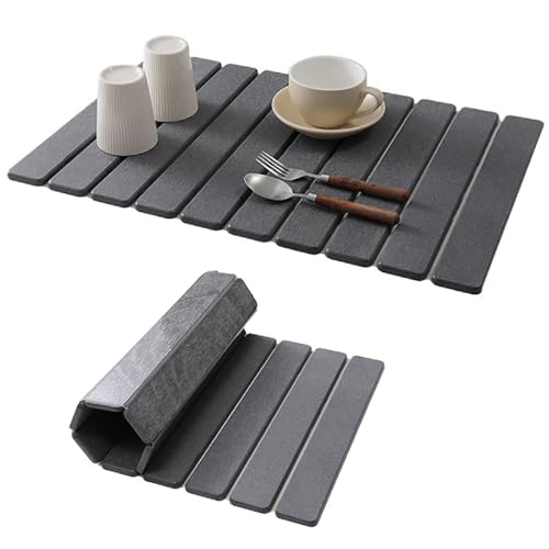 Large Stone Dish Drying Mat for Kitchen Counter - 23"x 15" Super Absorbent Diatomaceous Earth Fast Drying Mat - Collapsible, Easy-to-Clean, Minimalist Design - color: Gray