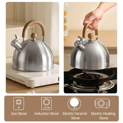 18/8 Stainless Steel Tea Kettle for Stovetop (2L / 2.1 Quart Whistling Tea Pot, Wood Handle)-Silver - size: 2.1 Quarts