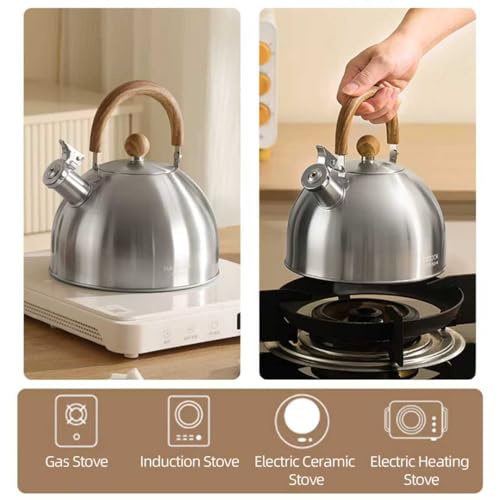 18/8 Stainless Steel Tea Kettle for Stovetop (4L / 4.23 Quart Whistling Tea Pot, Wood Handle)-Silver - size: 4.2 Quarts
