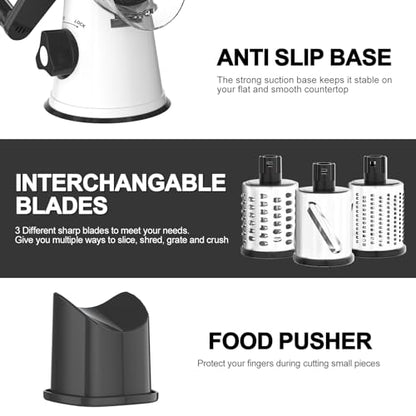 Cambom Rotary Cheese Grater Hand Crank Cheese Shredder for Fresh Cheese, Vegetable, Nuts,Non-slip Suction Base, Three Blades, Black White - color: White Black, size: 3 BLADES
