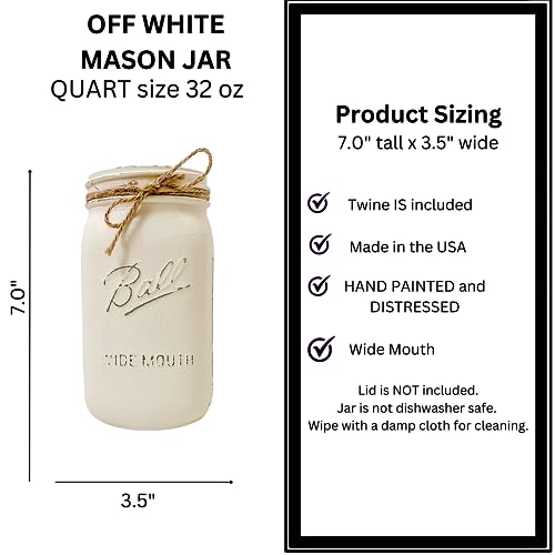 Ivory Painted Mason Jar | Vase for Flowers | 32 oz Quart Wide Mouth | 7" Height | Rustic Farmhouse Decor | Boho Decor | Kitchen Utensil Holder | Off White Vase | Flower Vase for Bouquet