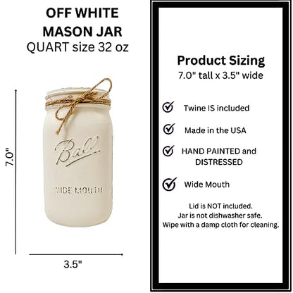 Ivory Painted Mason Jar | Vase for Flowers | 32 oz Quart Wide Mouth | 7" Height | Rustic Farmhouse Decor | Boho Decor | Kitchen Utensil Holder | Off White Vase | Flower Vase for Bouquet