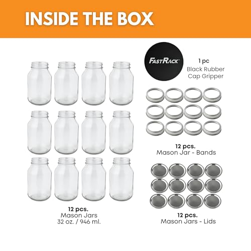 FastRack 32 oz Regular Mouth Mason Jars with Lids – Pack of 12 Quart Canning Jars for Food Storage, Pickling, Fermentation, Crafts – Reusable Airtight Large Glass Mason Jar with 1 Black Cap Gripper - size: 32oz - 12P