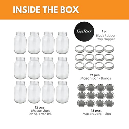 FastRack 32 oz Regular Mouth Mason Jars with Lids – Pack of 12 Quart Canning Jars for Food Storage, Pickling, Fermentation, Crafts – Reusable Airtight Large Glass Mason Jar with 1 Black Cap Gripper - size: 32oz - 12P