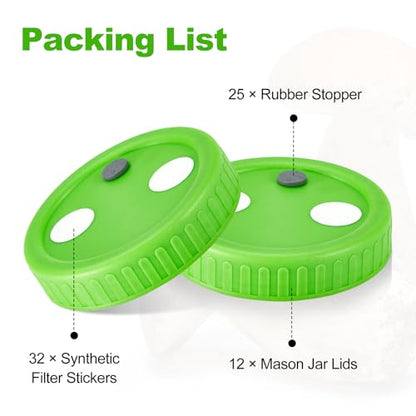 FOUR E'S SCIENTIFIC 12 Pcs Mason Jar Lids | With 32 PTFE 0.22μm Filters & 25 Rubber Stoppers, Fit 86mm Wide Mouth Mason Jars