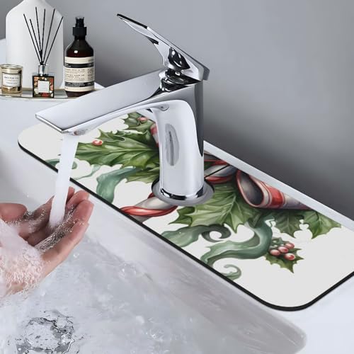 Kitchen Sink Faucet Mat Splash Guard, Christmas Candy Cane Holly Berries Super Absorbent Drying Mat, Non-Slip Drain Pad for Bathroom Counter - color: Candy Cane Holly Berries