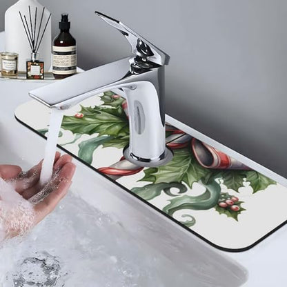 Kitchen Sink Faucet Mat Splash Guard, Christmas Candy Cane Holly Berries Super Absorbent Drying Mat, Non-Slip Drain Pad for Bathroom Counter - color: Candy Cane Holly Berries