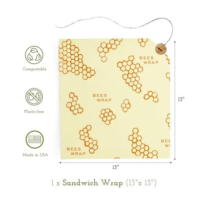 Bee's Wrap Beeswax Sandwich Wrap - Beeswax Lunch Wrap with Button & Tie - Plastic Free Made in USA Reusable Natural Food Wrap - Honeycomb - style: Sandwich Wrap Honeycomb