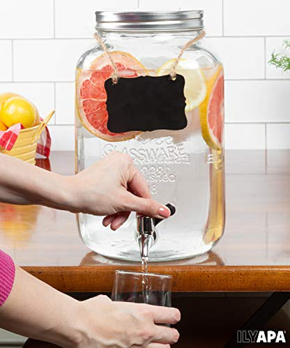 Ilyapa 2 Gallon Drink Dispenser - Wide Mouth Glass Drink Dispenser - 100% Leak Proof Stainless Steel Spigot with Glass Flip Top Lid, for Any Event - size: 2 Gallon