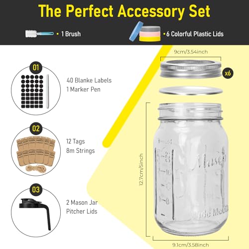 CycleMore 32 oz Wide Mouth Mason Jars with Airtight Metal Lids, 6-Pack Canning Jars with Colorful Plastic Lids & Pitcher Lid, Quart Jars for Overnight Oats, Pickling, Cold Brew, and Sun Tea