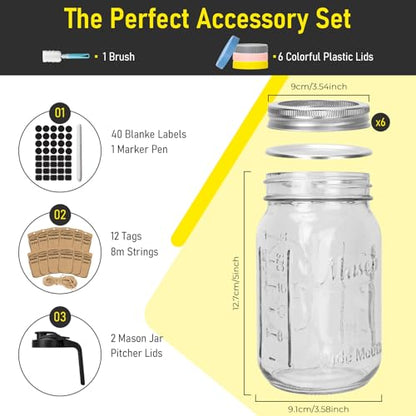 CycleMore 32 oz Wide Mouth Mason Jars with Airtight Metal Lids, 6-Pack Canning Jars with Colorful Plastic Lids & Pitcher Lid, Quart Jars for Overnight Oats, Pickling, Cold Brew, and Sun Tea