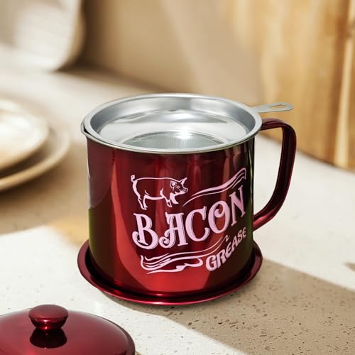 1.3L Bacon Grease Saver Container with Fine Mesh Strainer,Stainless Steel Oil Keeper Can for Bacon,46oz Large Rustic Farmhouse Fat Container, Keeper, Recipes, Dishwasher Safe (Red) - color: Red
