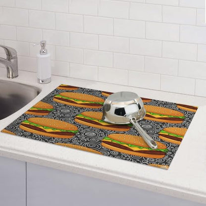 Dish Drying Mat for Kitchen Counter - Cheeseburger Absorbent Heat Resistant Microfiber Dishes Drainer Mat - Kitchen Gadgets Large Coffee Machine Dish Rack Pad 18"X24"