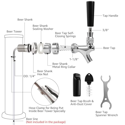 MRbrew Beer Shank Faucet with 1/4'' Barb Fitting, Kegerator Tower Beer Tap Parts - Stainless Core Tap & Hose Clamp, Kegerator Replacement Kit for 3/16'' Liquid Line Homebrew Draft Beer Tower Dispenser