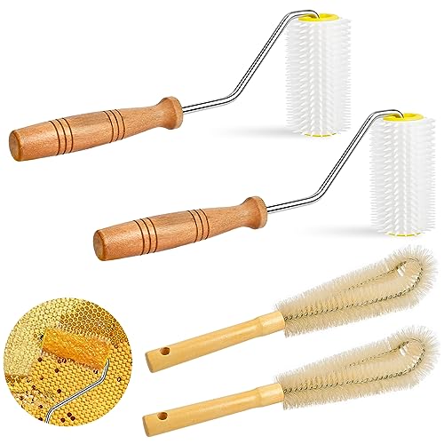 2 Pcs Honey Extractor Uncapping Needle Roller, Beekeeping Honey Extractor Equipment with 2 Pcs Cleaning Brush, Idea for Beekeeper Honeycomb Beekeeping Tool