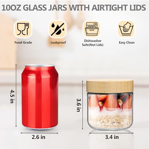 TBWIND 4 Pack 10oz Glass Jars with Bamboo Lids, Spoons, Airtight Overnight Oats Containers, Wide Mouth Mason Jars, Food Storage Container for Yogurt Salad Snacks Spice Sugar Meal Prep – Reusable - color: 10oz-Natural Lids-4 Spoon