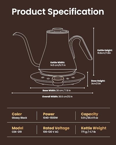 INTASTING Gooseneck Electric Kettle, ±1℉ Temperature Control, Stainless Steel Inner, Quick Heating, for Pour Over Coffee, Brew Tea, Boil Hot Water, 1500W/0.9L (Glossy Black) - color: Glossy Black