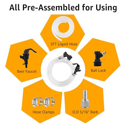 5FT Ball Lock Beer Line Assembly - 5/16" Liquid Line with Picnic Tap Faucet & Quick Disconnect PVC Tubing Ball Lock Picnic Tap for Corny Keg Ball Lock Keg Beer Dispenser Soda Dispensing - size: 5FT- 1 Pack