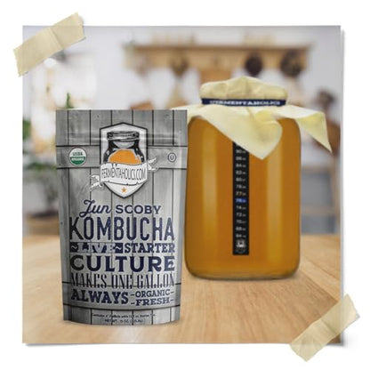 Fermentaholics Jun Kombucha Essentials Kit - ORGANIC JUN SCOBY (starter culture) + 1-Gallon Glass Fermenting Jar, Breathable Cover, Rubber Band, & Adhesive Thermometer - Brew jun kombucha at Home