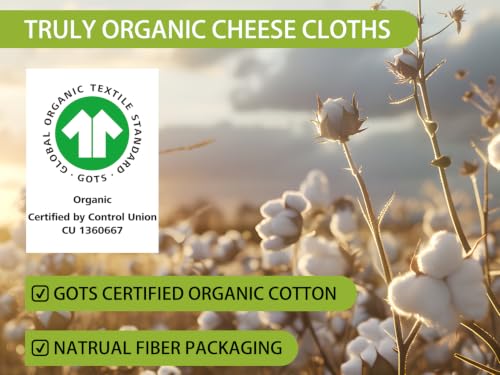 Organic Cheese Cloths, GOTS Certified, 4Pack, Grade 100,20x20Inch Hemmed Cheese Cloth Fabric Reusable Fine Mesh Cloth, 100% Cotton Unbleached Muslin Cheesecloth for Straining, Cooking, Butter,Tea,Tofu