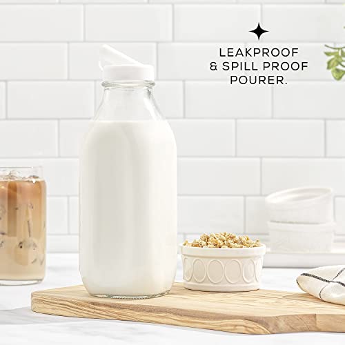 JoyJolt Glass Milk Bottles with Lids and Pourer – 32 Oz, 3 Pack Airtight Heavy Duty Reusable Glass Bottles, Leakproof, BPA-Free, Food Grade, Dishwasher Safe Jug, Pitcher for Milk, Juice, and Water - size: 32 Oz