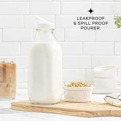 JoyJolt Glass Milk Bottles with Lids and Pourer – 32 Oz, 3 Pack Airtight Heavy Duty Reusable Glass Bottles, Leakproof, BPA-Free, Food Grade, Dishwasher Safe Jug, Pitcher for Milk, Juice, and Water - size: 32 Oz