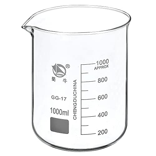PATIKIL 1000ml Low Form Glass Beaker, 3.3 Borosilicate Glass Graduated Printed Scale Measuring Cups with Spout for Kitchen Lab Liquids Transit Boiling - size: 1000ml